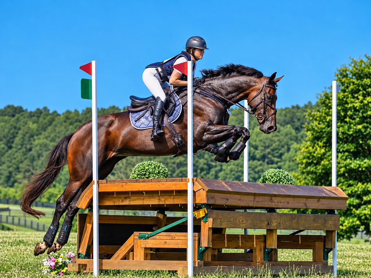 Horse and rider clearing a cross-country jump